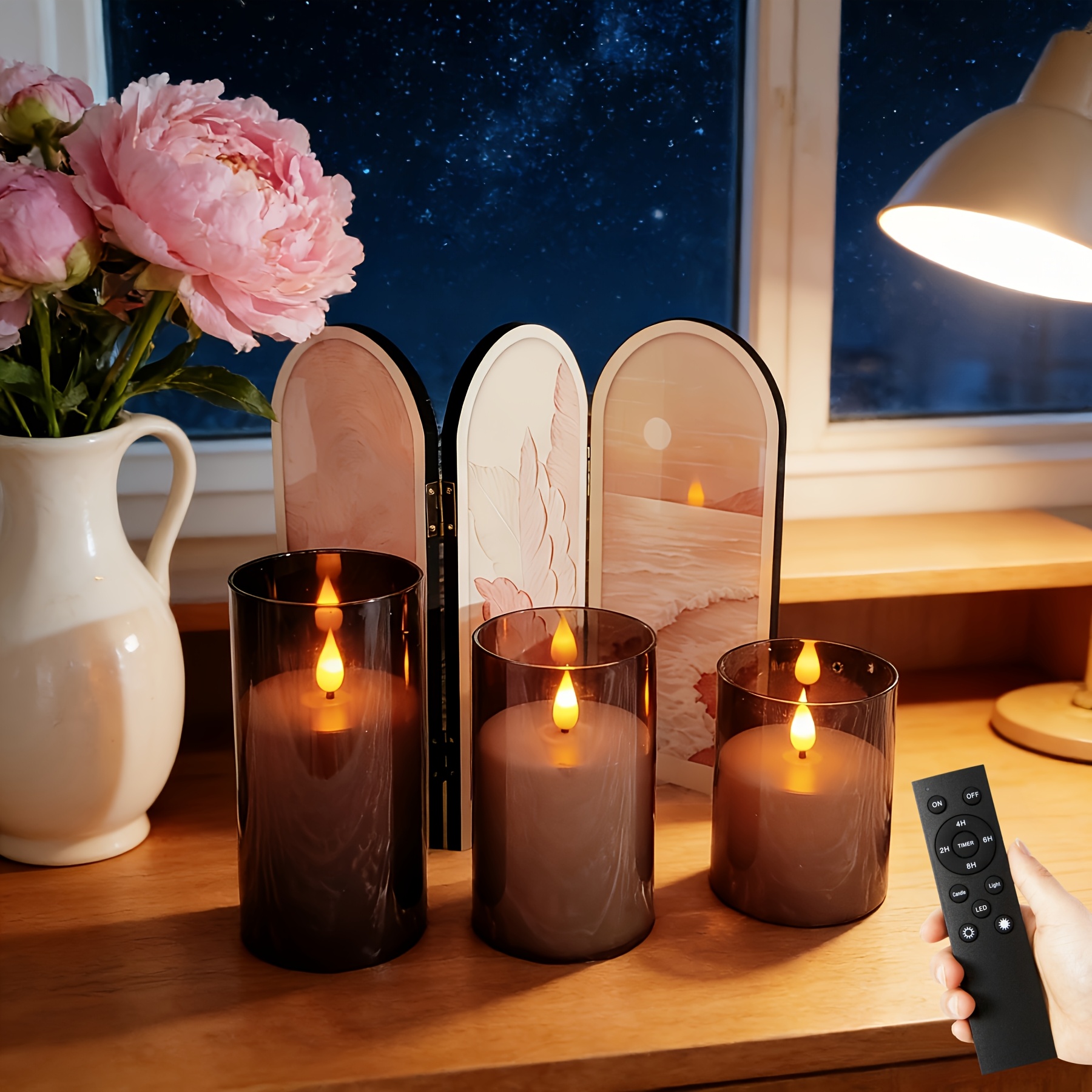 TEMU Lot de 3 bougies LED blanc chaud à boîtier noir de qualité supérieure avec mèche au pour un effet vacillant - Flamme simulée, télécommande avec