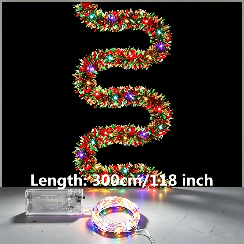 TEMU 2 pezzi di natale in lamina da 300 cm con luci LED, 1 e 1 decorazione luminosa colorata in lamina, metallica verde per albero di Natale, scale,