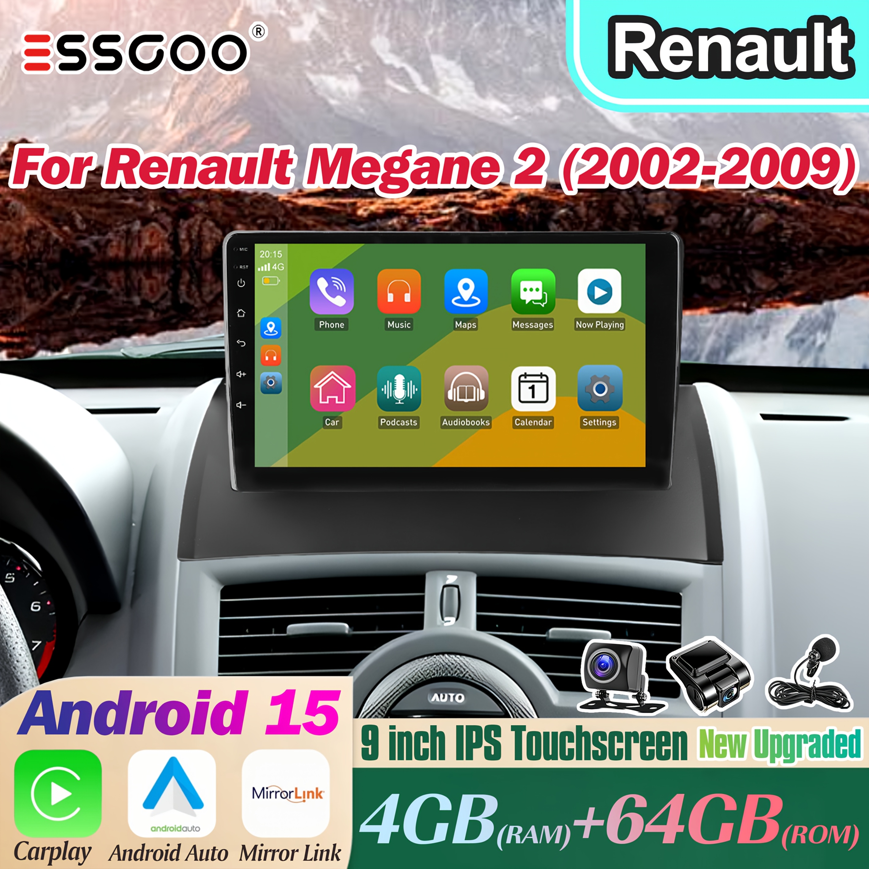 Image of Essgoo For Renault Megane 2 2002-2009 - Upgraded 15 - Faster Wireless & Wireless - 2din 9 Inch Ips Touchscreen - - Fm Rds - Rear Camera Input - Eq Settings - - Includes Dashcam & Camera & Microphone