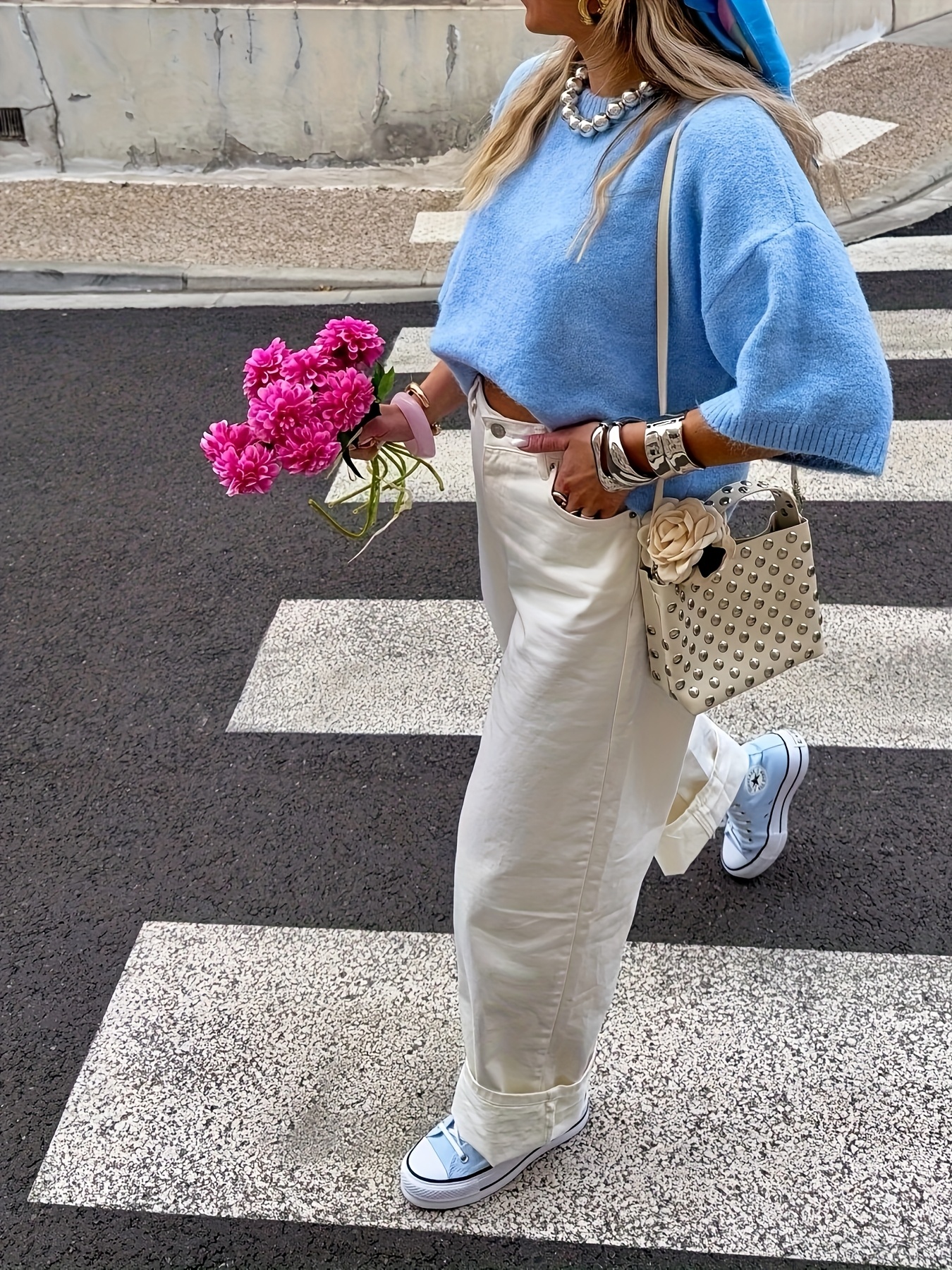 womens stylish blue sweater cozy crew neck ribbed texture Temu