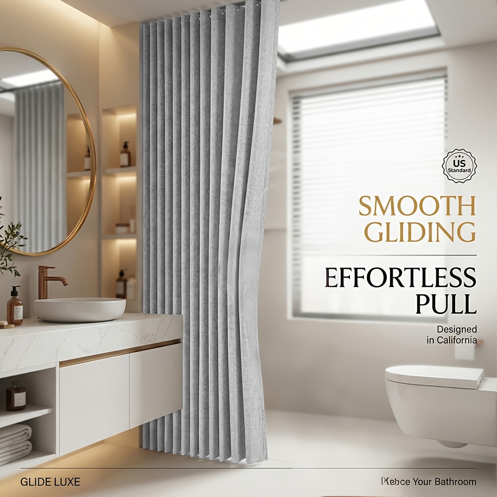 Foldable Shower Curtain with Hooks, Thick Fabric Panel