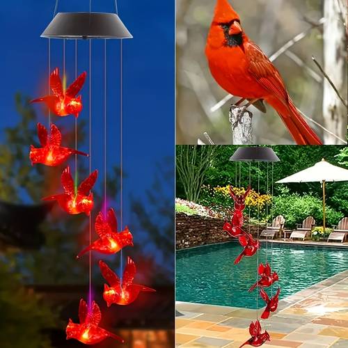 solar powered wind chime light red bird pendant lamp with color changing led outdoor decorative landscape lighting lantern and hanging light for garden patio gift for mom grandma women wife aunt sister