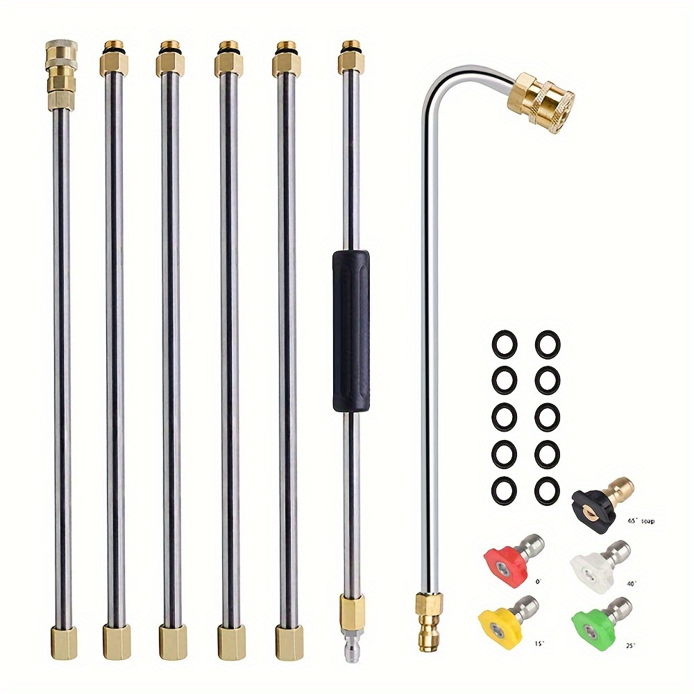 Image of High-pressure Washer Gun Extension Rod, 7 Stainless Steel Extension Rods With 5 Different Water Outlet Angle Nozzles, 1/4 Inch Quick Connection, 4000psi, 120° Curved Rod With 10 Leak-proof O-rings