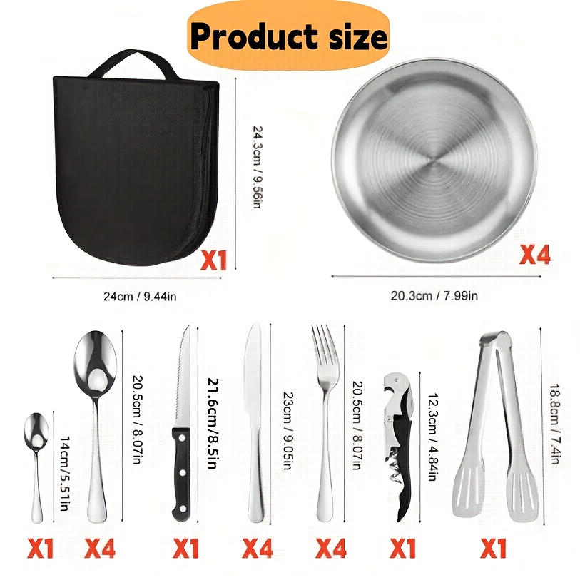 21pcs portable cutlery set durable outdoor   stainless steel camping utensils with steak knives dinner forks plates soup spoons bottle opener tongs storage bag dishwasher safe reusable for travel backpacking camping parties and   Product details 0