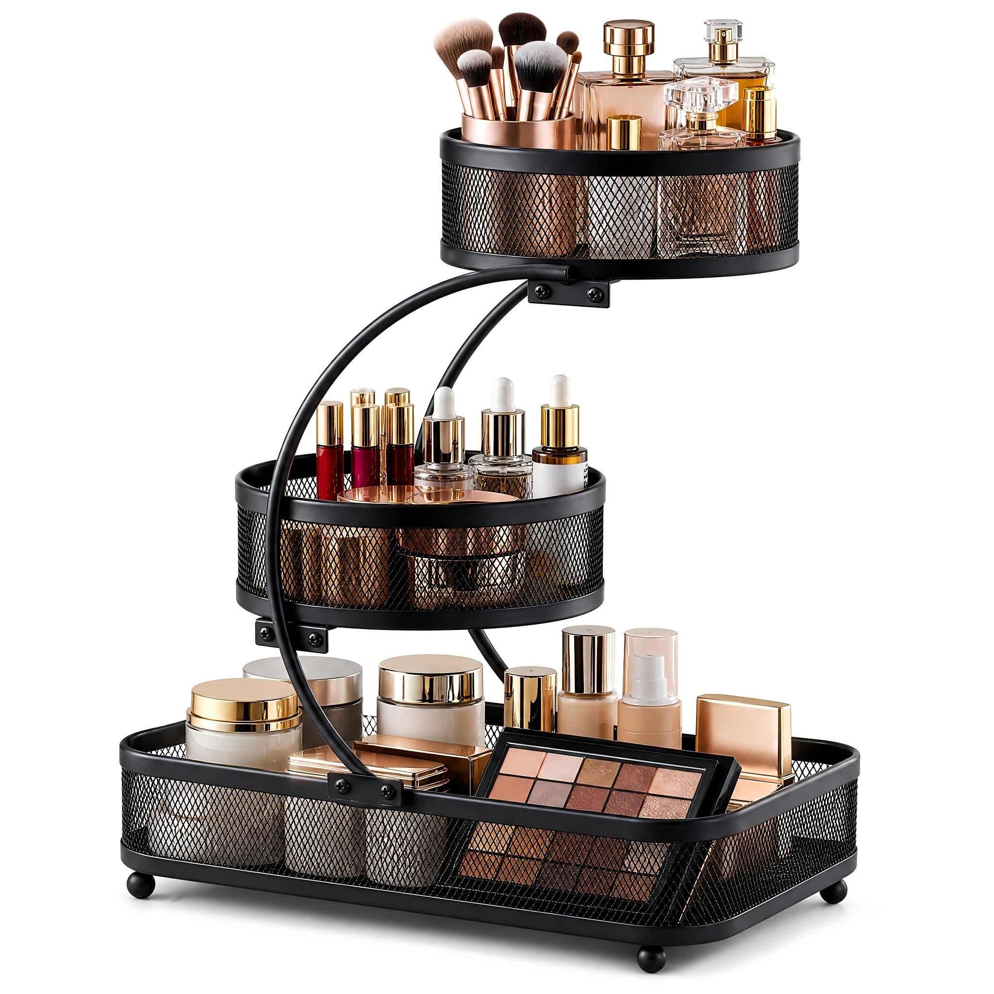 TEMU 3-tier Metal Bathroom Storage Rack, Includes Spray Bottle | Hooks - Space-saving Countertop Organizer For Cosmetics, Skincare, And Toiletries |