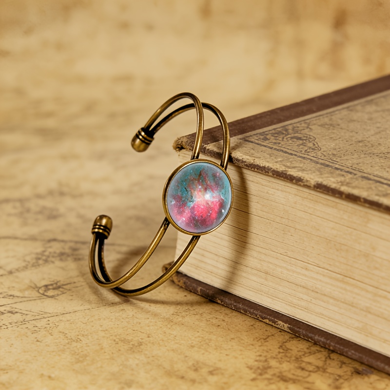 Antique Cyan Double-Layer Adjustable Opening Bracelet, Colorful Pattern