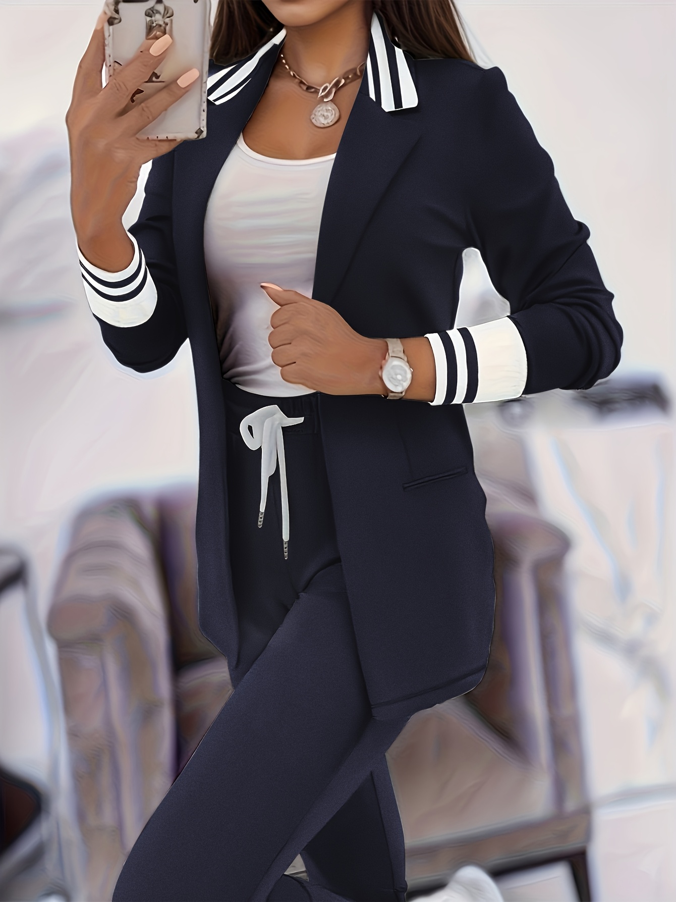 Targeted Development 2024 Fashionable and Elegant Solid Color Casual Street Striped Suit and Pants Set