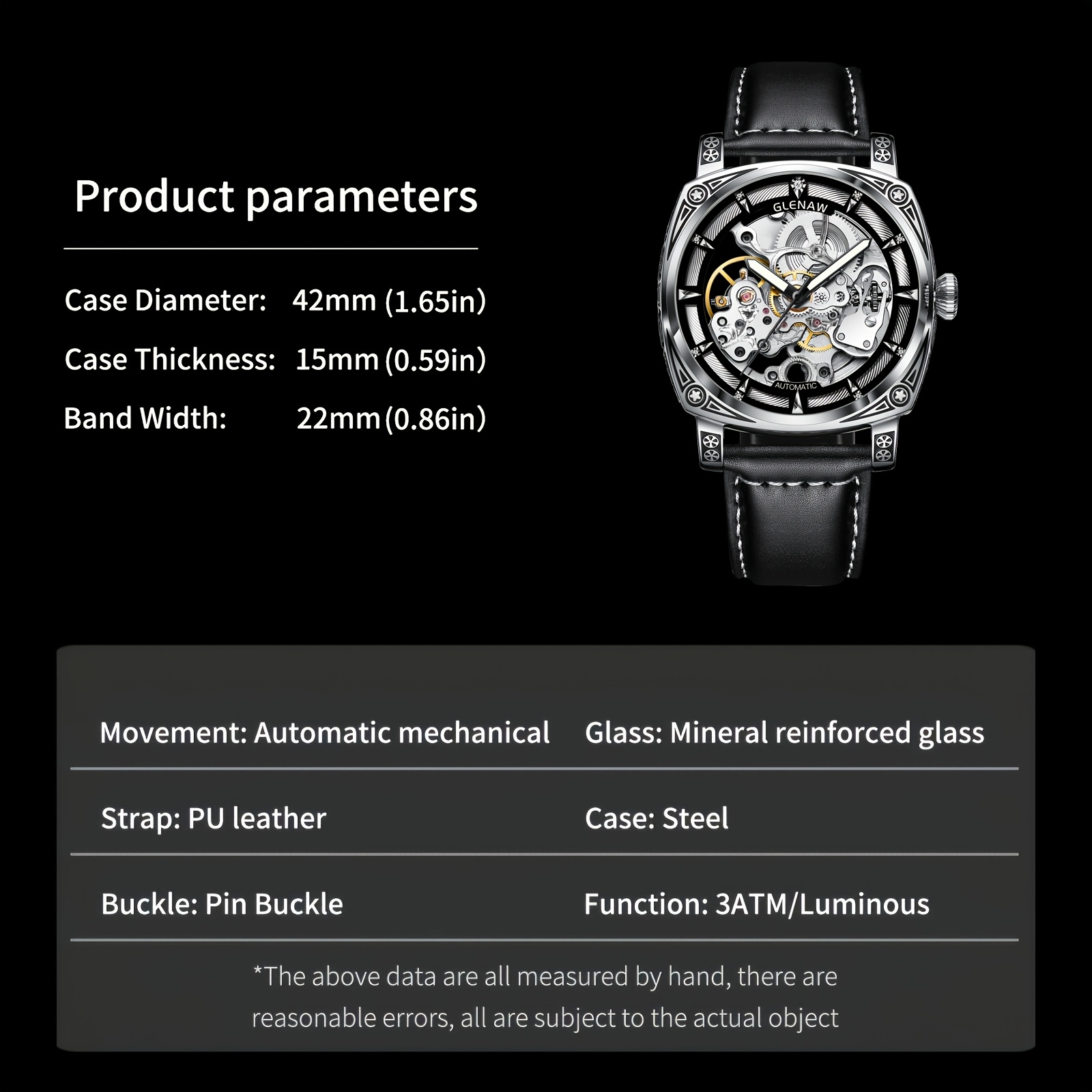 mens automatic mechanical watch elegant   dial waterproof up to 30  steel black   leather strap skeleton back with intricate movement date display ideal gift for him details 5