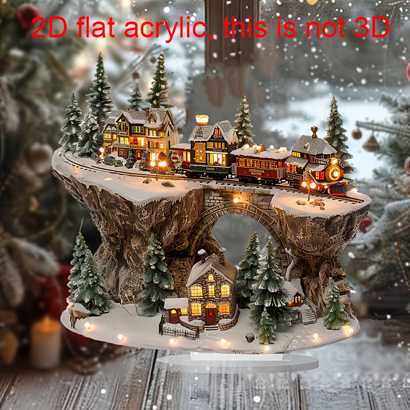 

2d Flat 1pc Acrylic Christmas Train Set With Gingerbread Houses - 3d Effect Tabletop Decor For Home, Office, Cafe - Unique Holiday Gift For Christmas