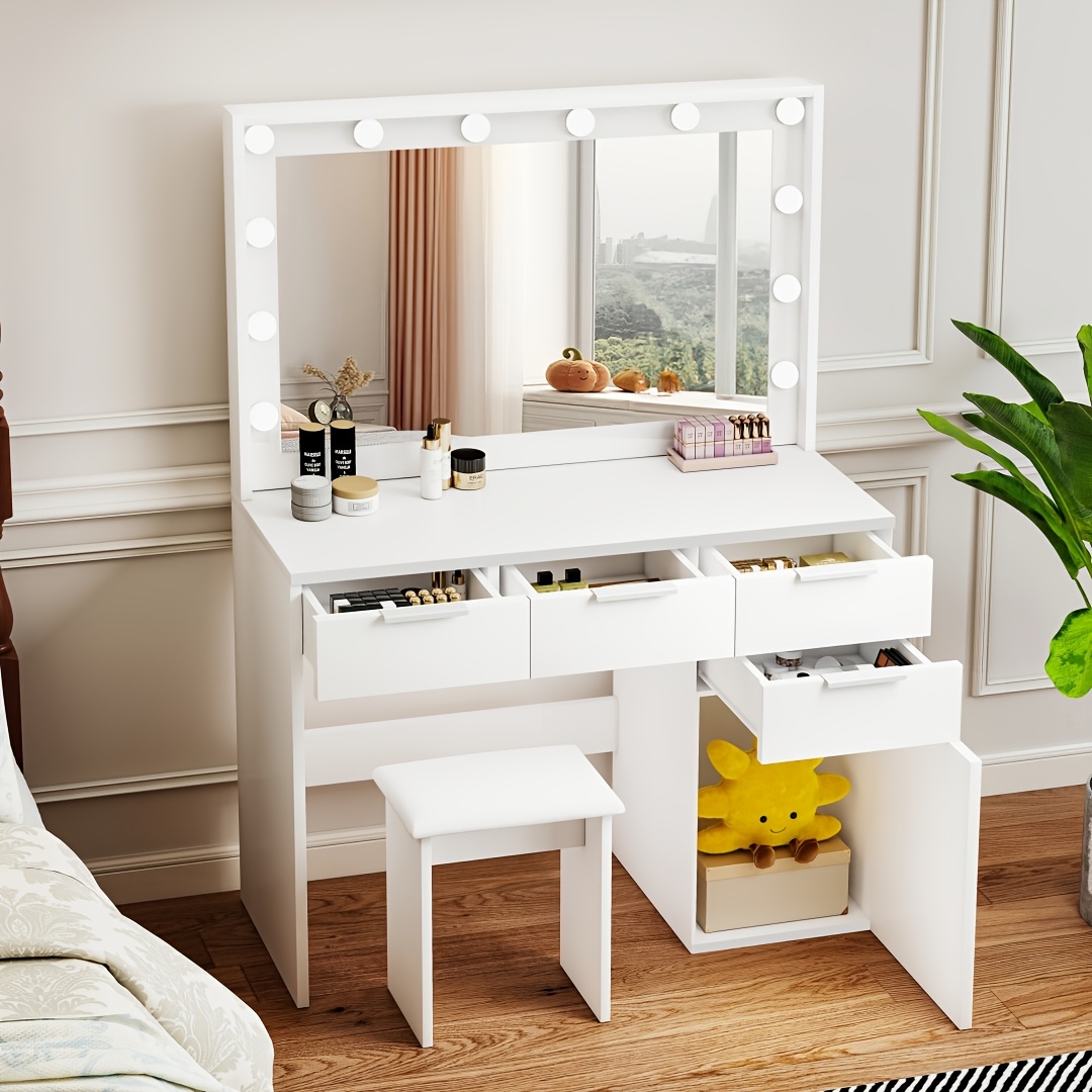 TEMU Dressing Table With Large Mirror And Lights 3-colour Led Adjustable Brightness Vanity Table With Stool, 4 Drawers And 1 Cabinet Makeup Desk
