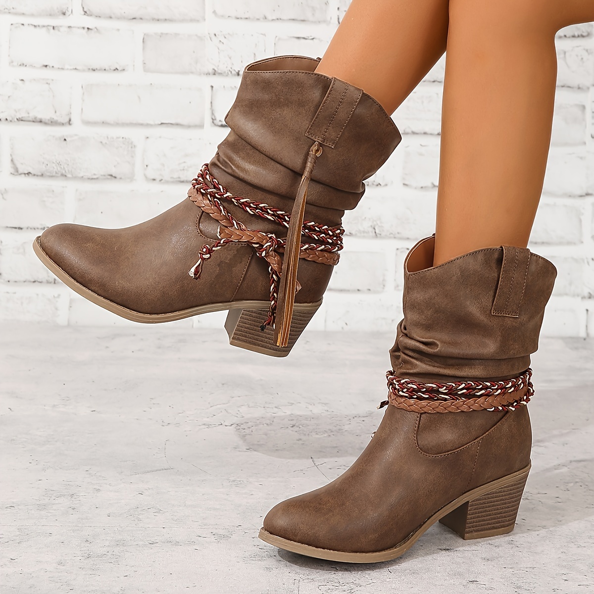 

Women's Western Cowboy Boots With Tassel & Braided Buckle, Block Heel Round Toe Comfortable And Versatile Boots