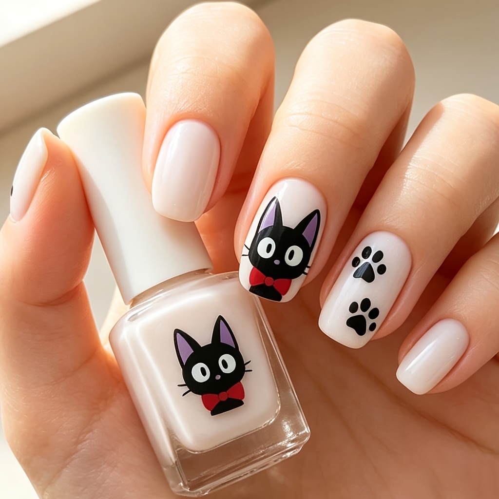 TEMU 24pcs Press-on Nails Suitable For Women - Almond Shape Medium Length False Nails With Cat Tips, Y2k Gothic Nail Art Stickers, Nude Base & Kawaii