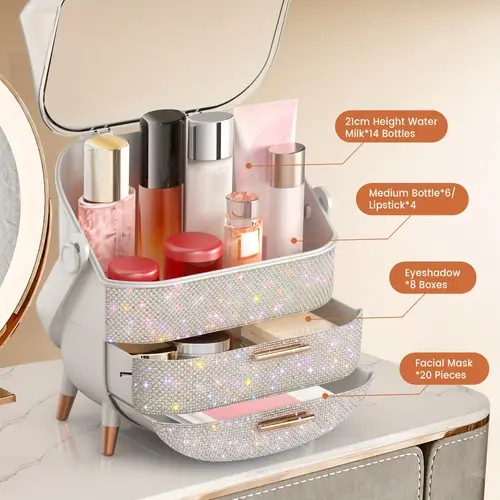 sparkling large capacity makeup jewelry organizer with drawers portable clear cosmetic storage case for vanity bathroom holds 12 bottles lipstick skincare jewelry display ideal gift for women vanity accessories