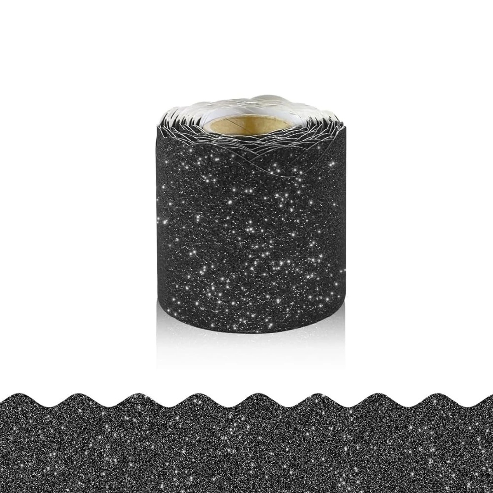 TEMU 1 Roll Domuuh Spring Easter Glitter Bulletin Board Borders - Candy Color Macaron Die-cut Strips With Wavy & Straight Edges, Oval Shaped Sparkly