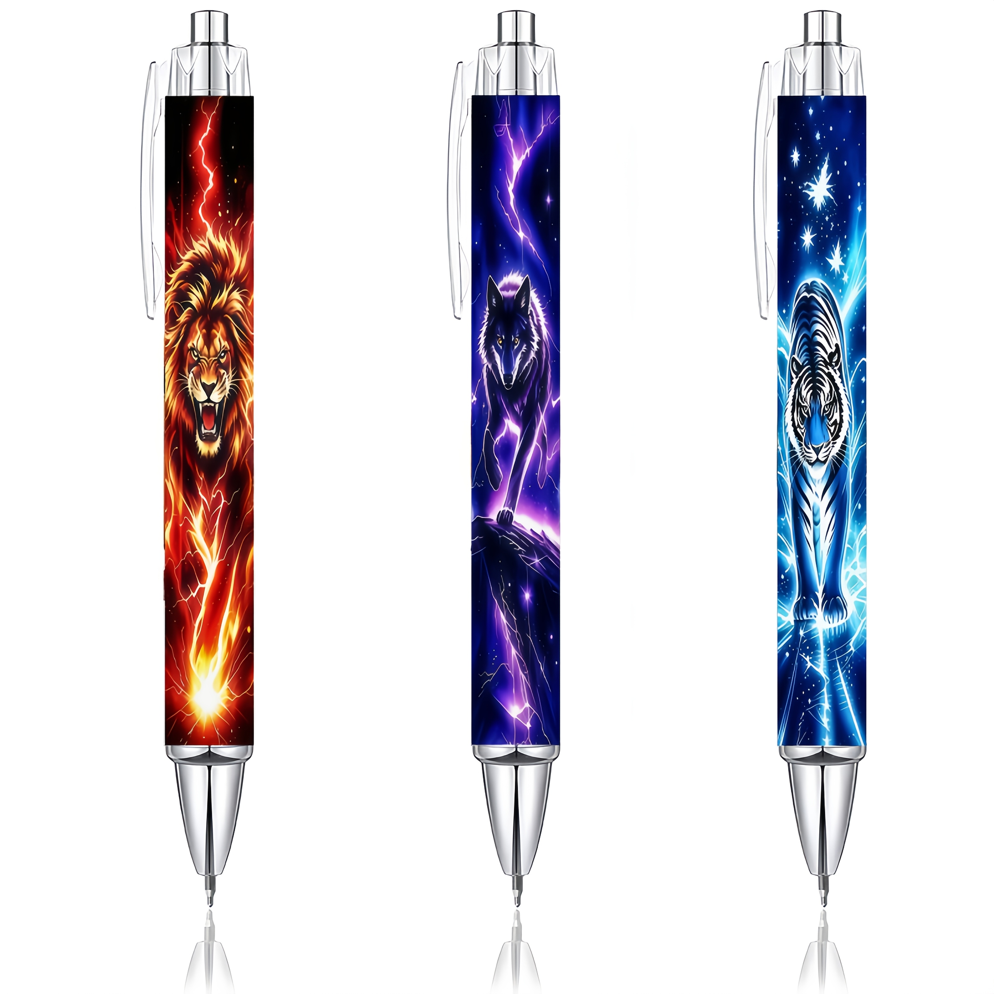 TEMU Set da 3 penne a sfera a Cool Neon Lightning Beast, con tre stili: Tigre Blu , da Viola e Leone . penna di energia fulminea per un visivamente