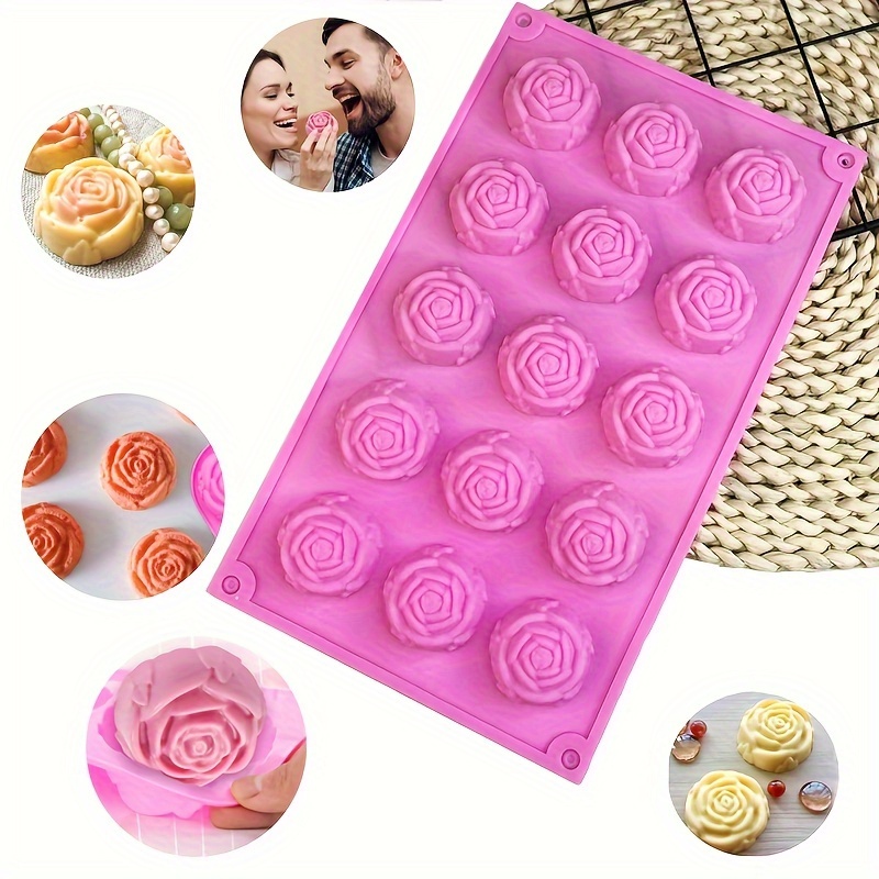 

1pc Silicone Mold, 15-cavity Rose Flower Silicone Mold, Candy Chocolate Ice Cube Pudding Cupcake Mold, Soap Biscuit Mold For Valentine's Day Birthday Party, Home Baking Tools, Kitchen Gadgets