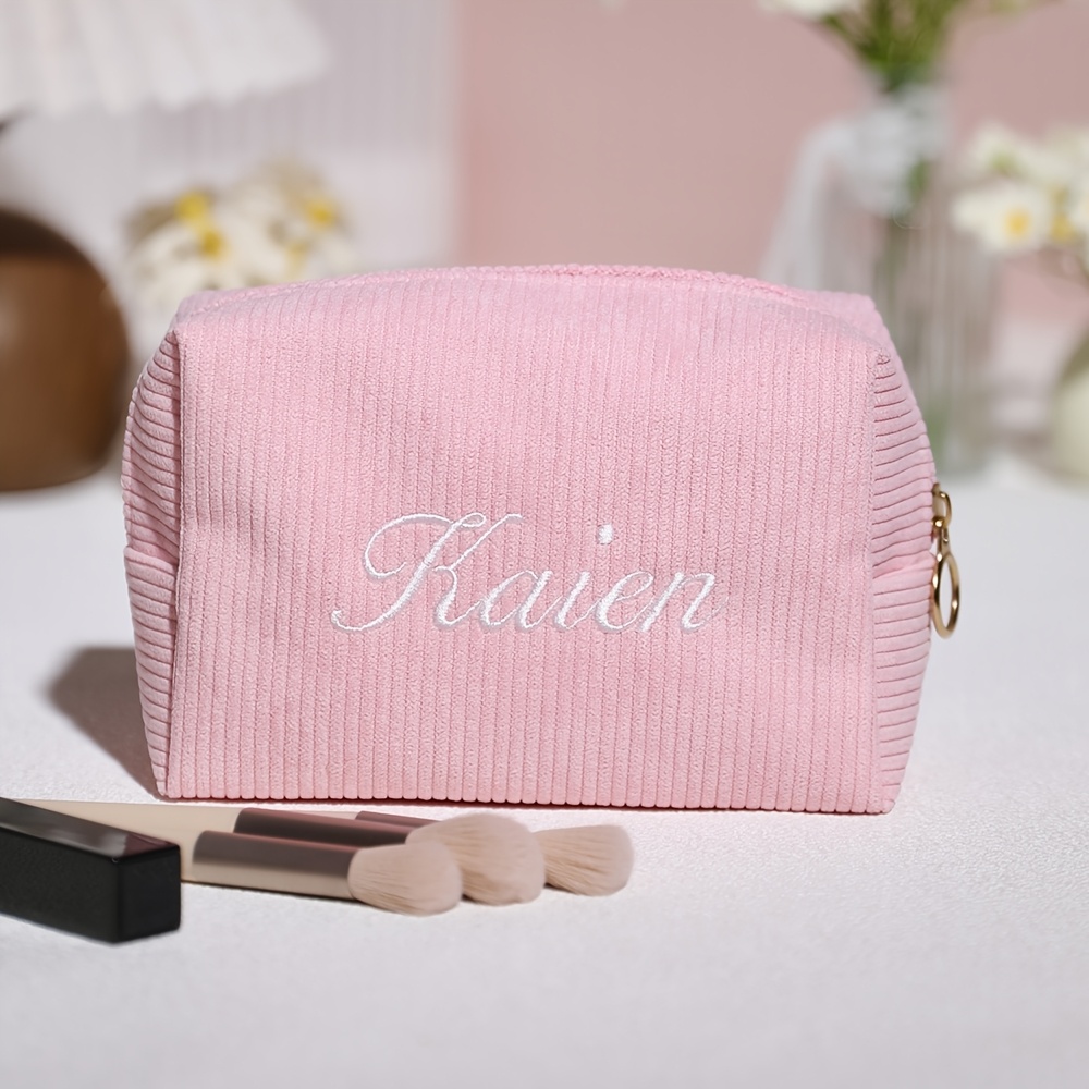 TEMU [custom Embroidery] Personalized Customizable Name Toiletry Bag, Durable Zipper Closure Corduroy Makeup Bag, Large Capacity Fashionable Portable
