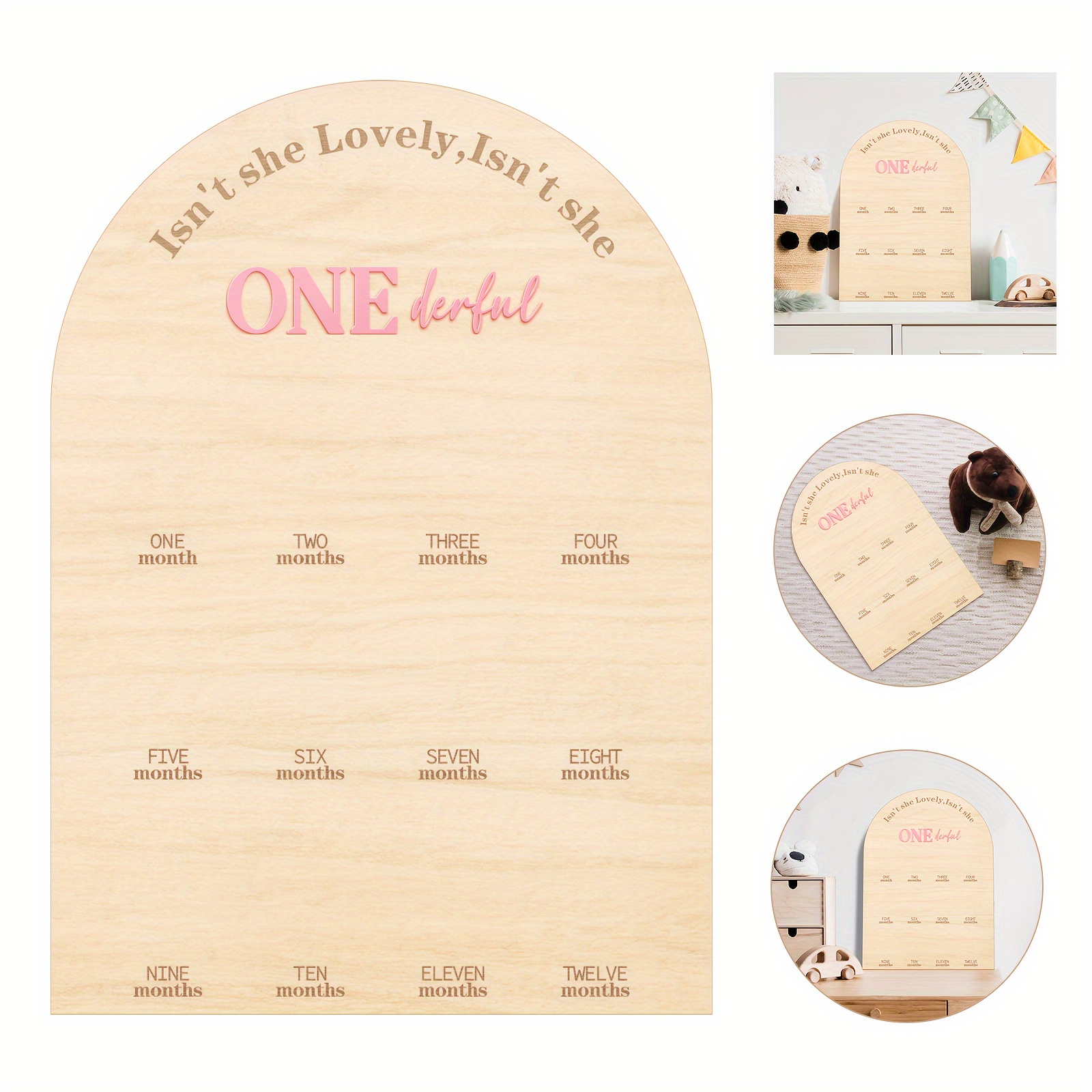 

' She Lovely, She ' Wooden Photo Board With Pink Acrylic - First Birthday Milestone Display For Girls, Bohemian Style, Desktop, Oval Shape, Lightweight