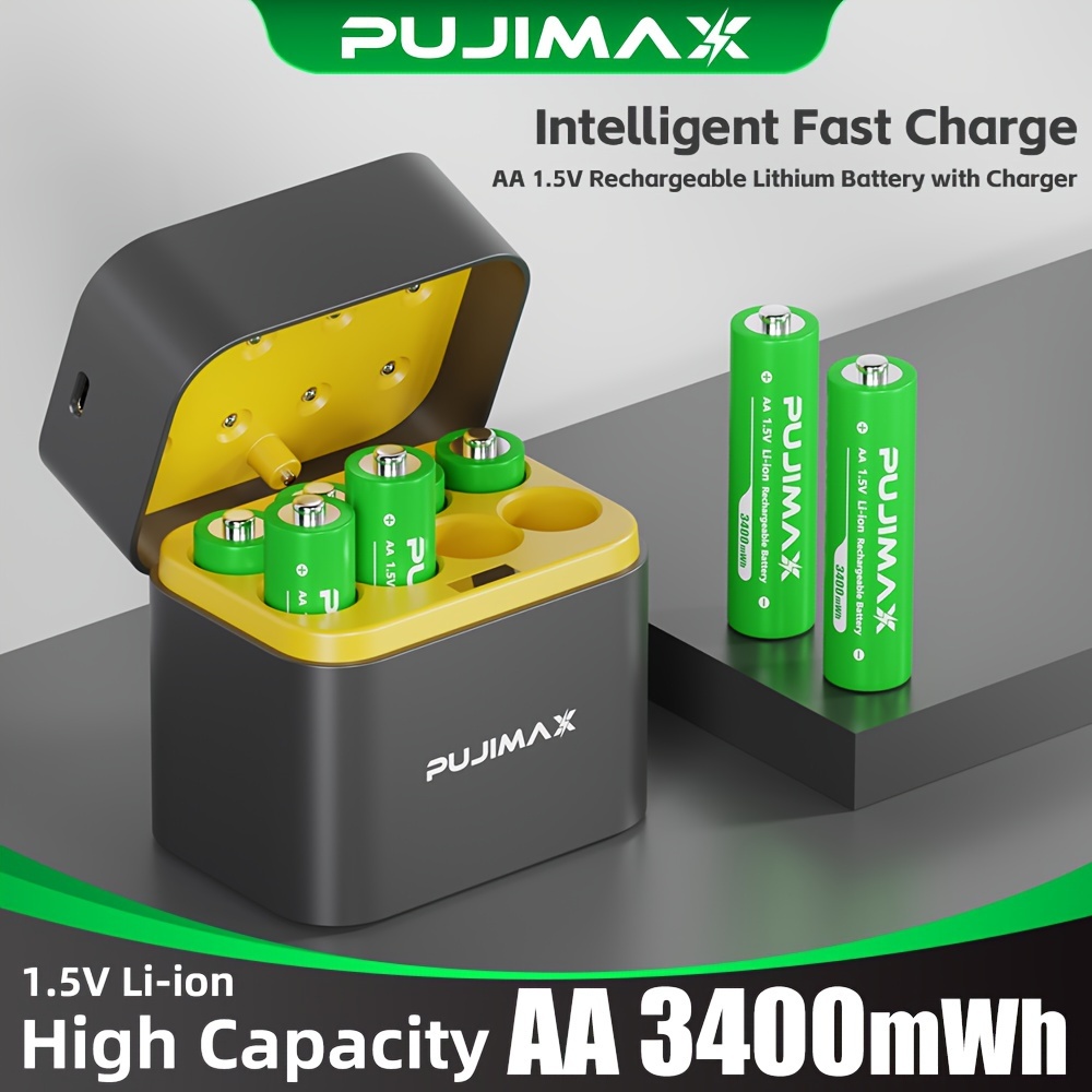 

Pujimax High-performance Rechargeable Lithium Batteries 8pcs With 8-slot Charger, 3400mwh Aa Li-ion Cells - Yellow Case