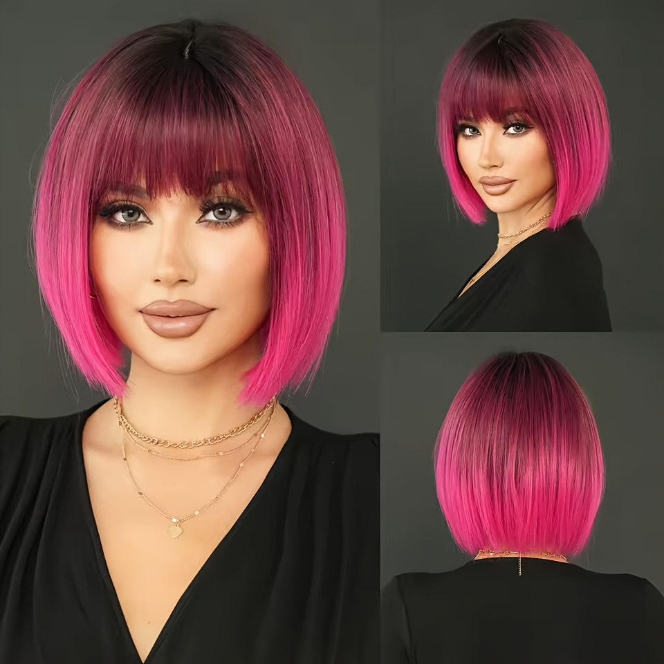 TEMU A Gradient Rose Red Trendy And ! This Versatile Bob With Bangs Is A 12-inch Short Hairstyle Easy To Style. Made From High-quality Heat-resistant
