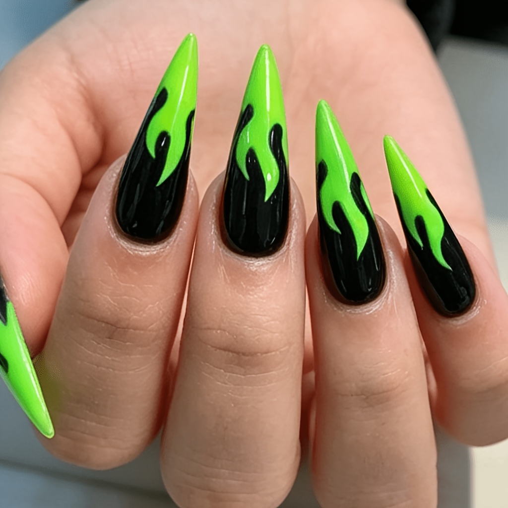 24pcs Flame Press-on Nails Suitable For Women - Long Pointed False Nail Tips With Gothic Y2k Nail Art, Glossy Machine-made Nail Extensions, Application For Parties, Daily Wear & (no Nails)