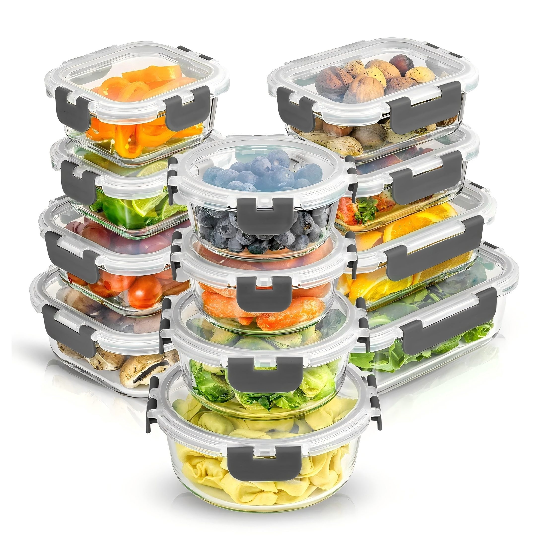 E-shop 24-teiliges Set (12 Deckel + 12 Glasbehälter) – Glas-Lebensmittelbehälter mit luftdichten Deckeln, Glas-Vorbereitungsbehälter für Mittagessen,