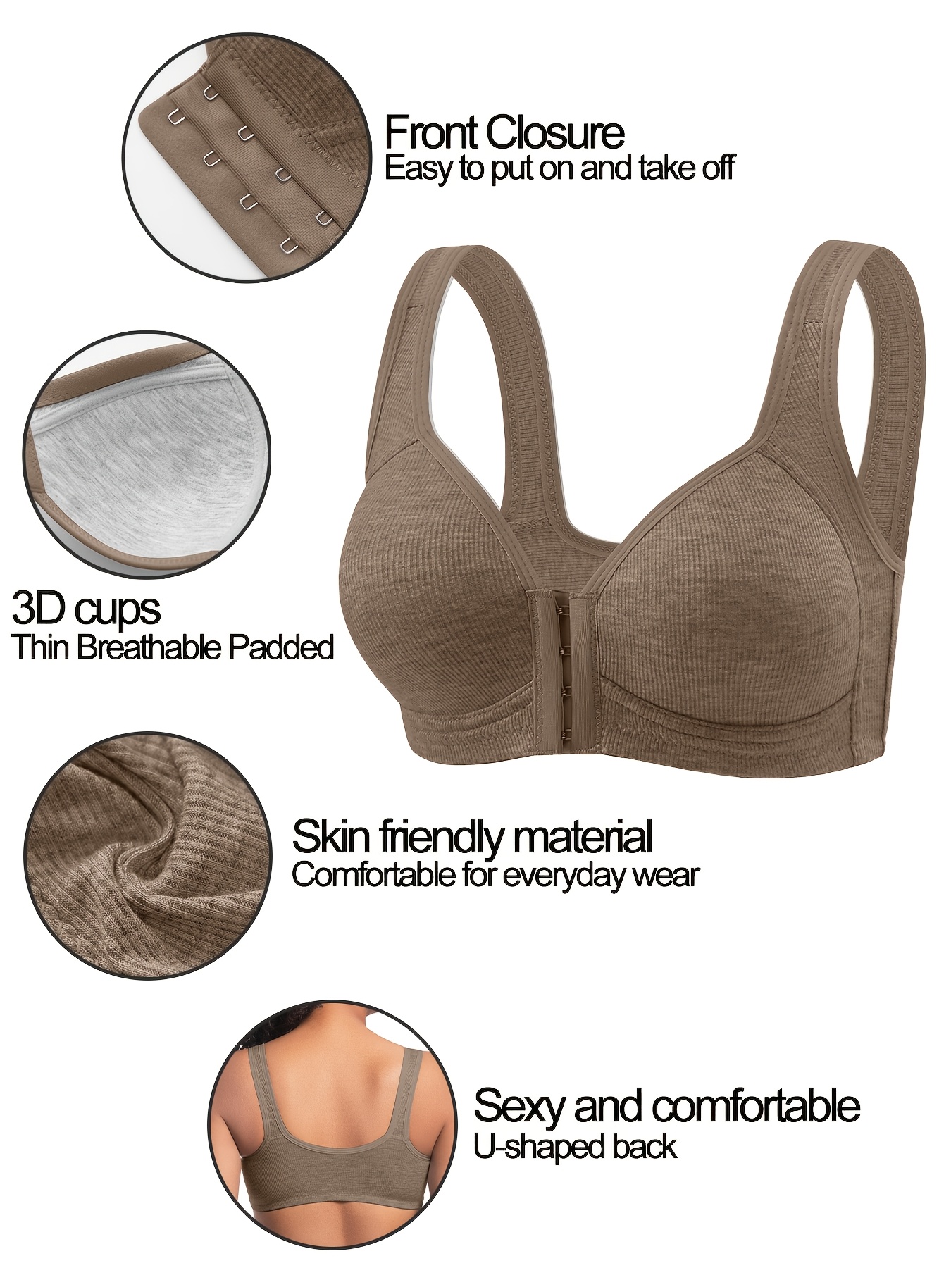 3pcs Set, Front Clasp, Vertical Stripe Push-up Bra