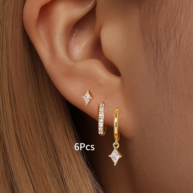 E-shop 6-teiliges elegantes, modisches Ohrstecksatz mit geometrischen, quadratischen, synthetischen Zirkonia, eingelegt mit Kupfer, geeignet für Damen,