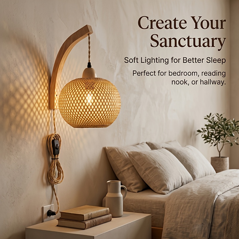 TEMU Boho Rattan Plug-in Wall Light, Bamboo Lantern Sconce With Cord, Rustic Farmhouse Wicker Wall Lamp For Bedroom & Living Room Lighting (bulbs Not