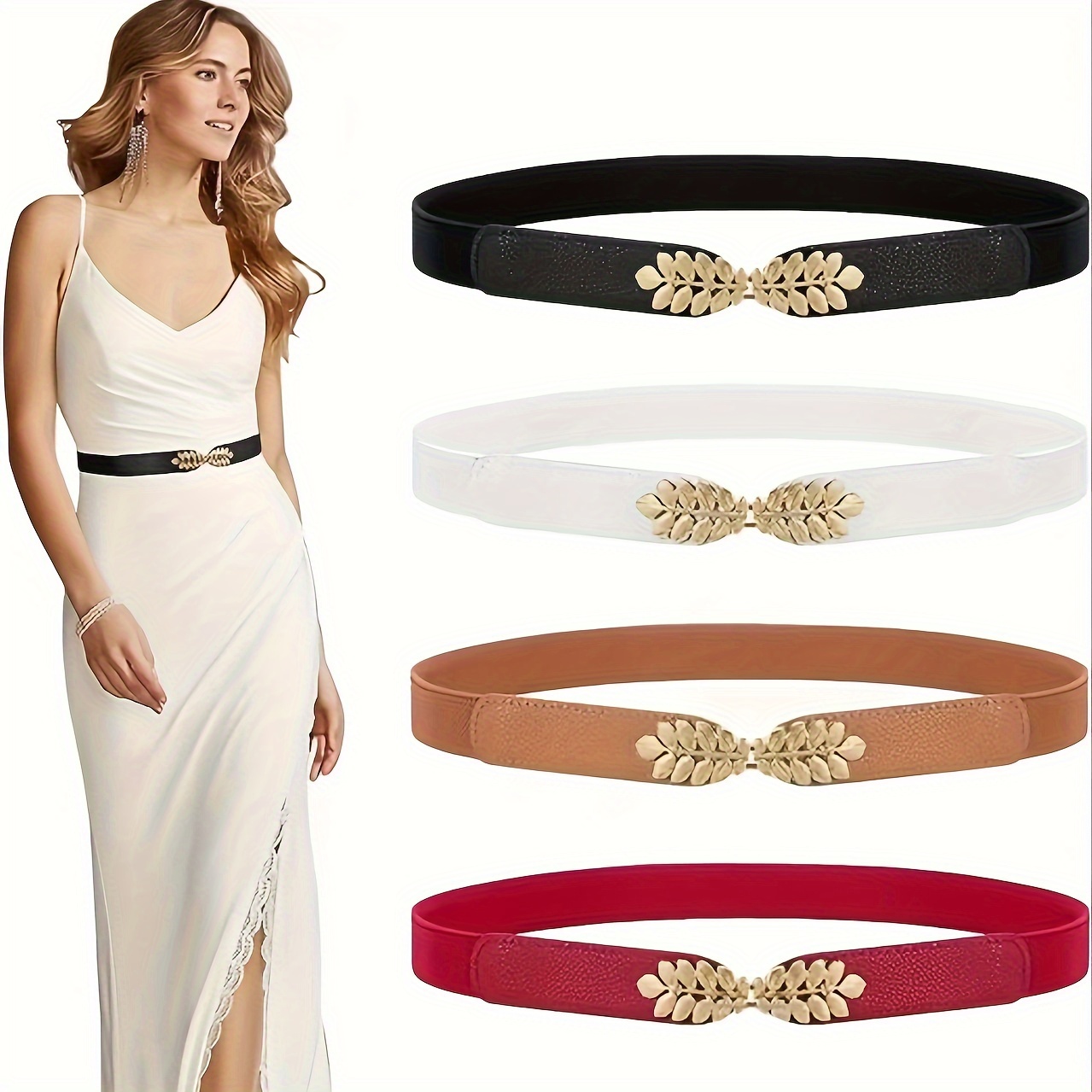 

Fashion Elastic Waist Belt For Women - 4pcs Decorative Dress Belts, Versatile Thin Waistband With Fashion Sewing Fasteners Spy14