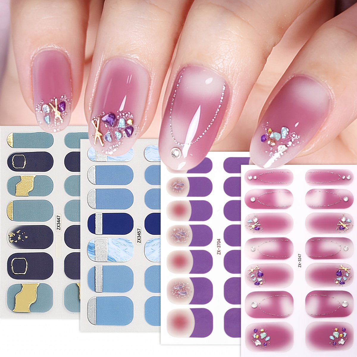 Image of 4 Sheets Glitter Nail Polish Strips Sparkling 3d Rhinestone Gemstone Self-adhesive Full Cover Nail Polish Stickers For Women And Use Manicure Decoration Diy Nail Art Stickers