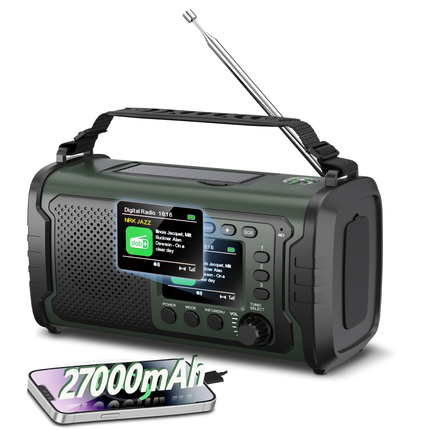 E-shop 27000 mAh DAB/DAB+ Notfallradio mit Kurbel, Solar- und USB-Aufladung, Bluetooth 5.3, Powerbank-Funktion, SOS-Signal, heller Taschenlampe,