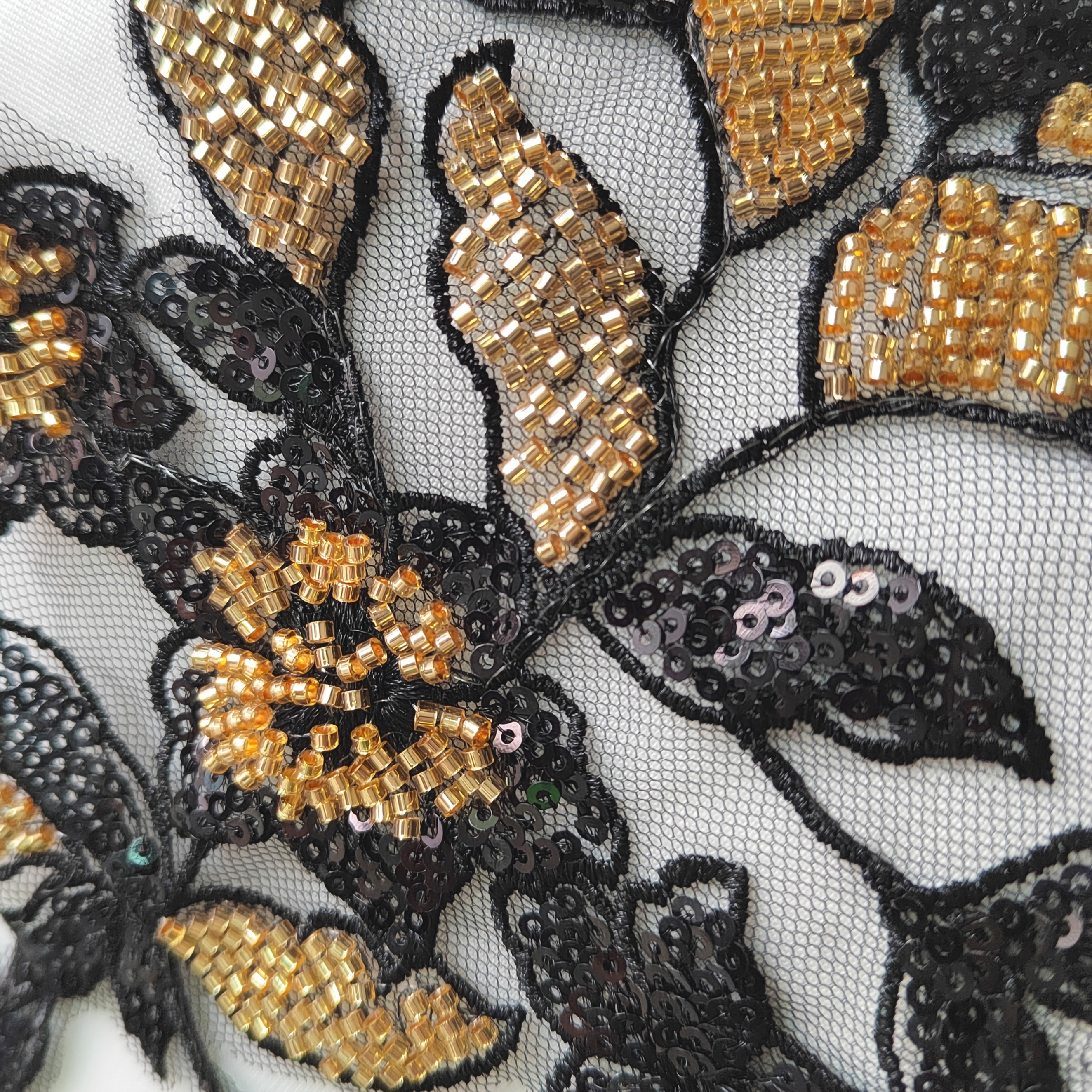 Black and Golden Sequin Flower Embroidery Patch