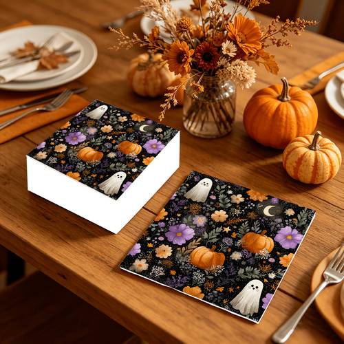 20pcs 2d flat printed napkins halloween floral pattern disposable napkins spooky ghosts pumpkins flowers on dark background party decor and seasonal celebrations dinner napkins wedding napkins thanksgiving napkins