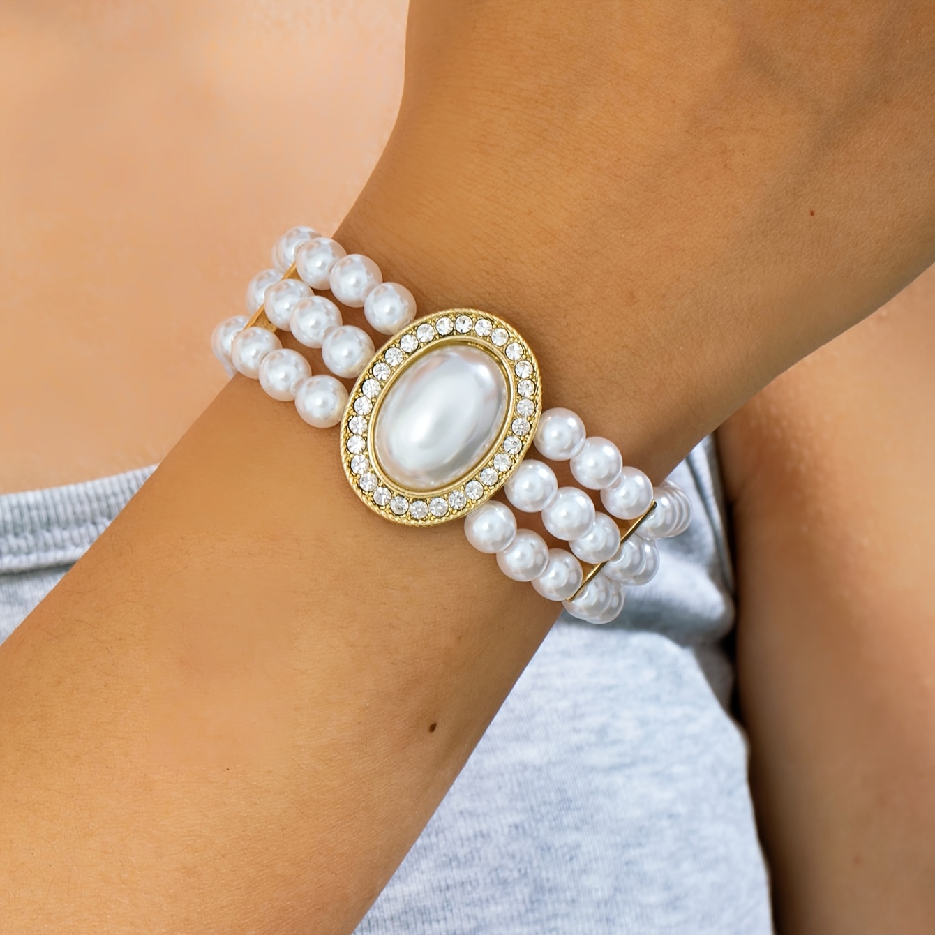 TEMU Bracciale da donna con perla, ovale con strass incastonati, bracciale elegante in stile palazzo francese