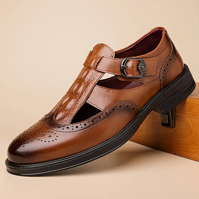 mens stylish perforated wingtip sandals casual slip on loafers with straps brown breathable design for casual attire versatile loafers fashionable sandals polished Product details 7