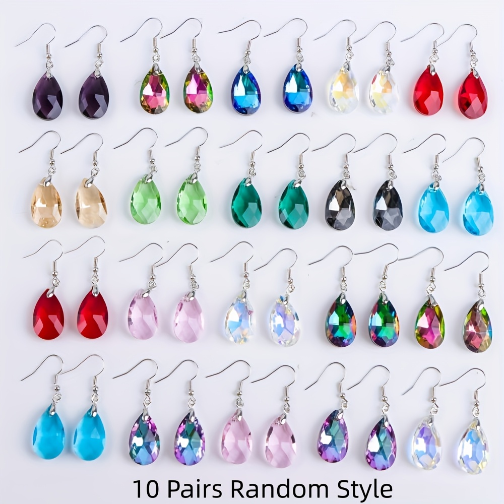 TEMU 10 Pairs / Set Elegant Simple Shiny Colored Water / Maple Leaf Shaped Rhinestone Earrings Temperament Women's Jewelry Daily Party Wearing Gifts