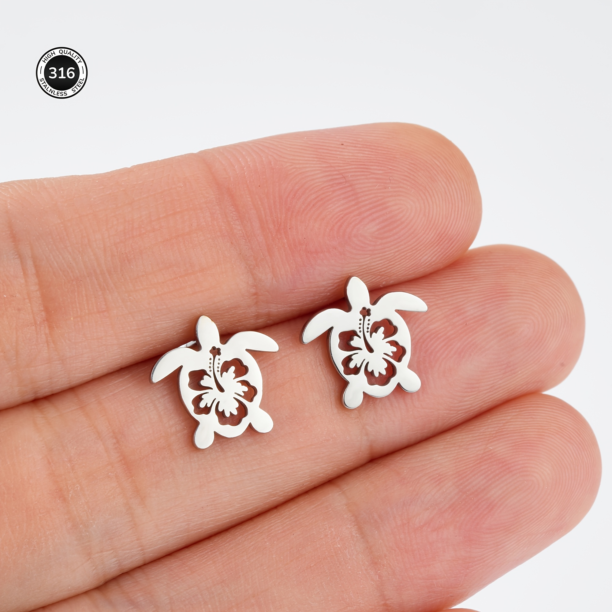 Steel Stud Earrings For Women, And Fashionable Bohemian Hibiscus Flower And Turtle Shaped Earrings, Suitable For Gifting And Daily Wear, Titanium Posts, Hypoallergenic