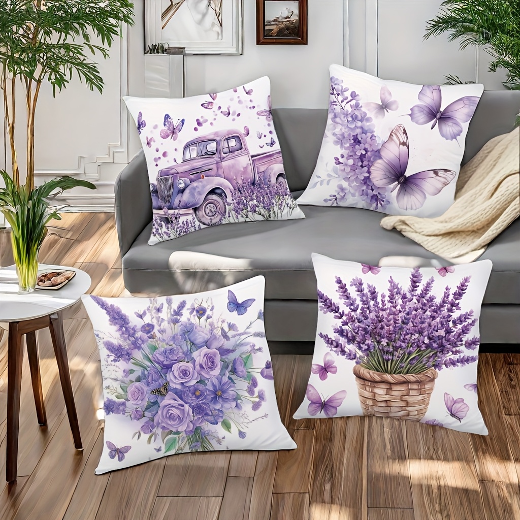 4pcs spring floral vintage car print pillow covers 17 7x17 7 inch soft lavender decorative pillowcases double sided contemporary design with zipper closure machine washable for bedroom living room sofa decor vintage pillow covers bedroom accessories   pattern   fabric Product details 5