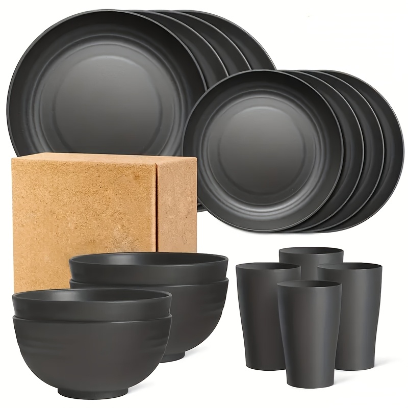 Image of 16pcs/set Of Indestructible Plates, Shatterproof Tableware Set, Microwave Dishwasher Safe, Reusable Tableware, Black Set Of 8 Plates, 4 Bowls, 4 Cups - Suitable For Camping And Daily Use