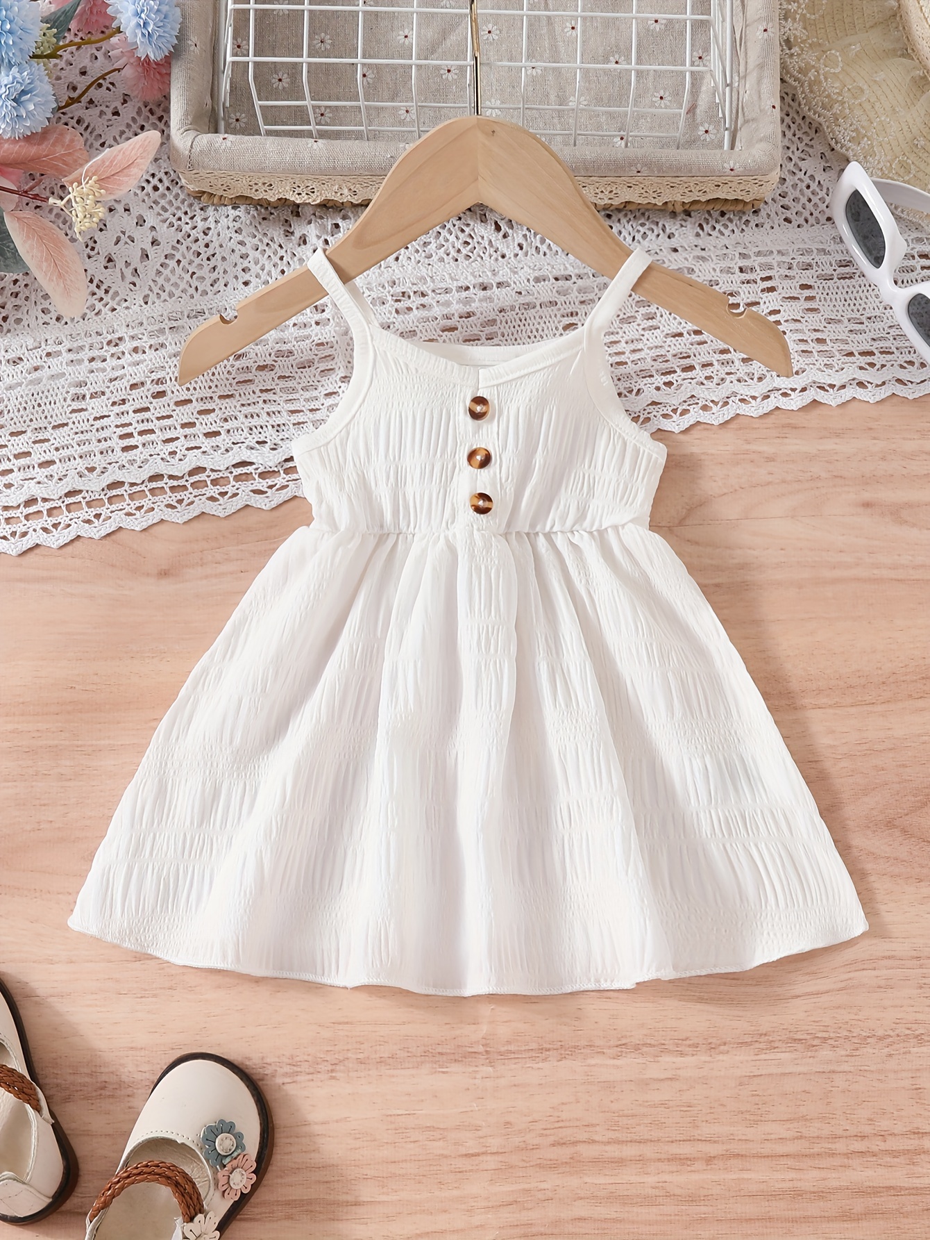 Baby Girl Solid Button-Accented Strap Dress – Elegant Party Tank Gown