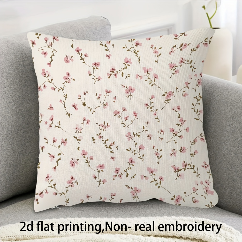 E-shop 1 Stück Superweicher Kurzflausch-Kissenbezug - Vintage Blumenmuster mit kleinen rosa Blüten auf Creme, doppelseitig bedruckt 18x18 Zoll,