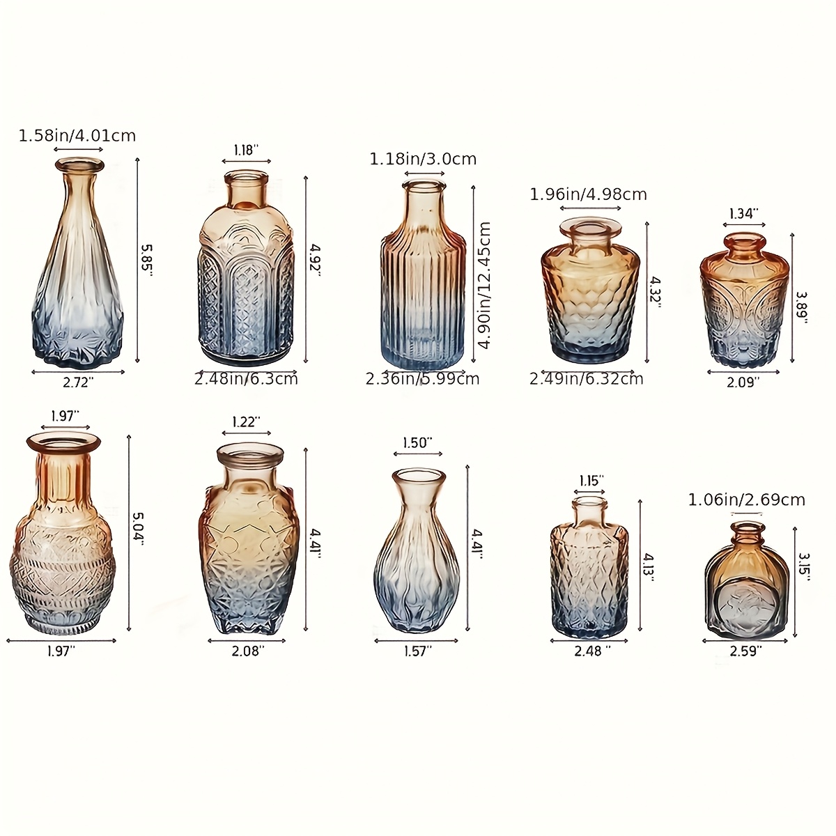 TEMU 10pcs Golden & Blue Gradient Glass Vase Set - Elegant Cylinder Wedding Table Decor, Vintage Bohemian With Floral Patterns, No Batteries Needed,