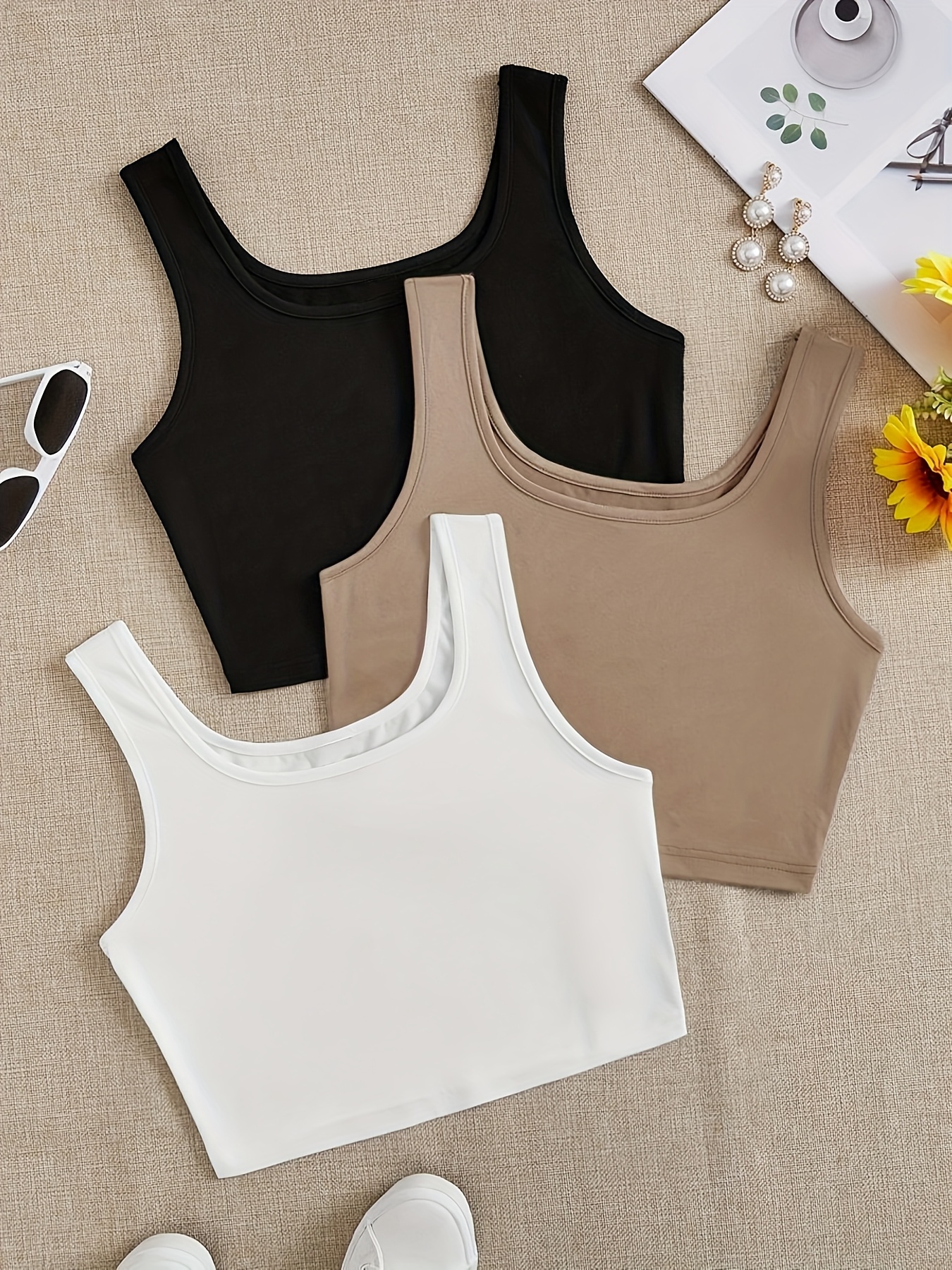 conjunto de 3 camisetas sin   cortas casuales de cuello   para mujer