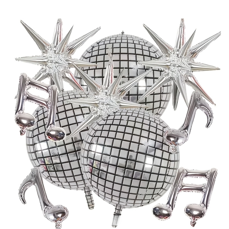 TEMU 10pcs, Silver 4d Disco + Integrated Explosion Star + Music Note Foil Balloons Set, Suitable For 80s And 90s Retro Disco, New Year Celebrations,
