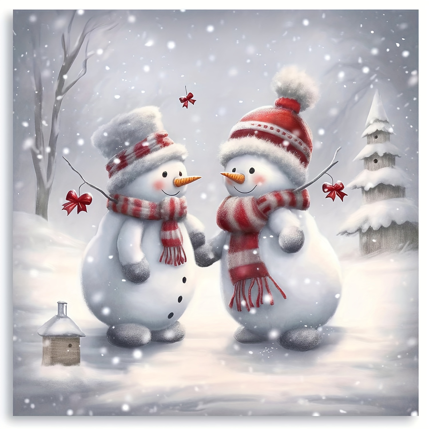 

1pc, Snowman Canvas Christmas Art Print, 2 Adorable Snowmen Playing In The Snow Wall Art Christmas Painting Winter Suitable For Dining Room Bedroom Home Decor 14 X 14 "frameless