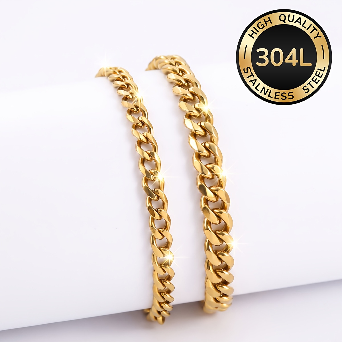 TEMU 18k Gold Plated Golden-plated High-quality 304l Stainless Steel Bracelet Set, Waterproof And , Suitable For Men's Jewelry Sets, Fashionable