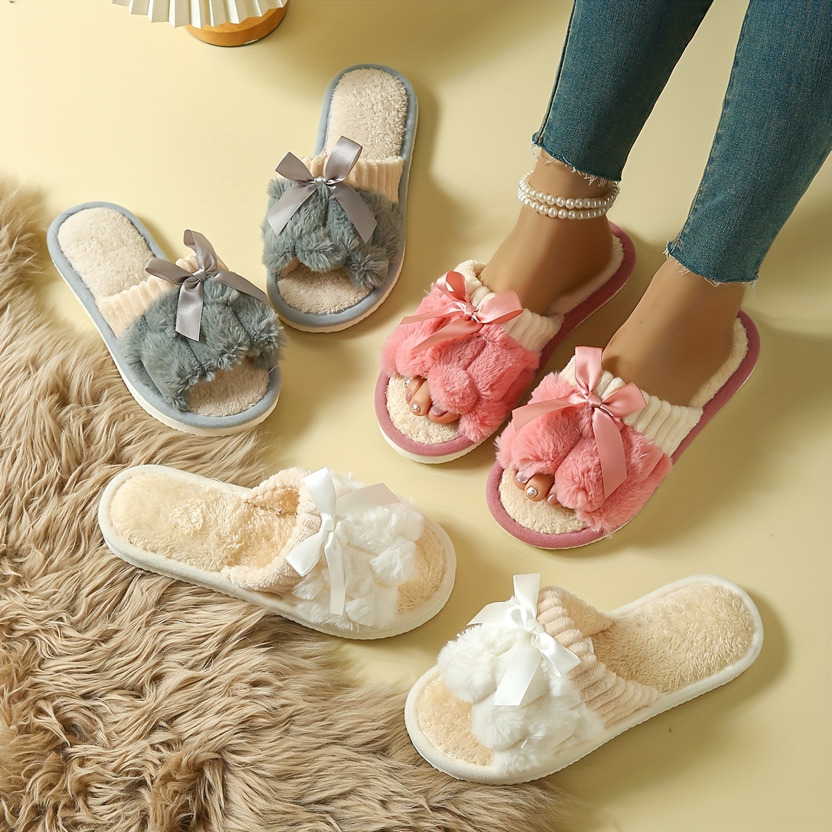 

Bowknot Fluffy Home Slippers, Lightweight Soft Sole Plush Lined Bedroom Slippers, Non-slip Floor Slippers, Winter & Autumn
