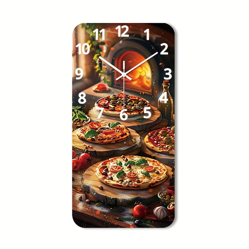 E-shop 2D Flache Wanduhr | Nicht-Tickende Dekorative Holzuhr mit HD Glanzlaminierungsenden, Lebendiges Pizza Zubereitungsszene Design für