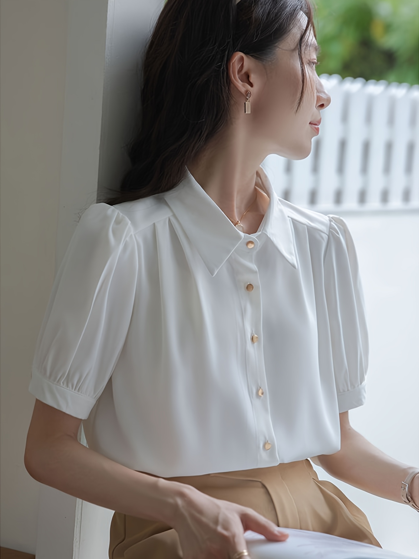 womens french style short sleeve white blouse golden buttons